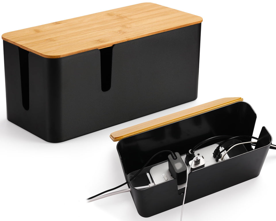 ZhiYo front view of two cord boxes showing clean desk benefit