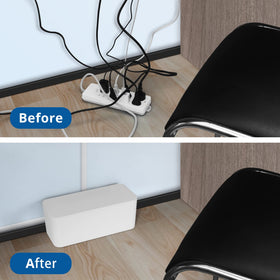 ZhiYo on a desk hiding cords under monitor for a cleaner workspace benefit
