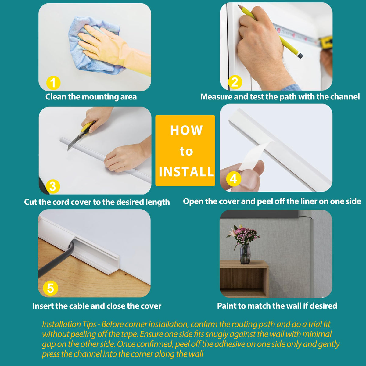 ZhiYo Mini Corner Cord Hider paintable-finish blends with walls for a cohesive look.