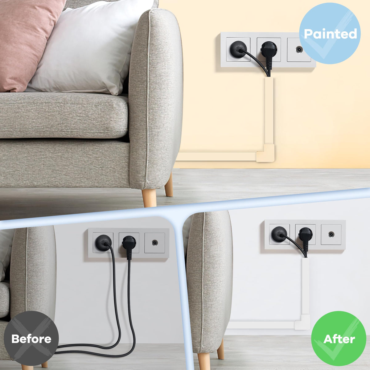 ZhiYo mounted along baseboard in living room for safer tripping-free floor