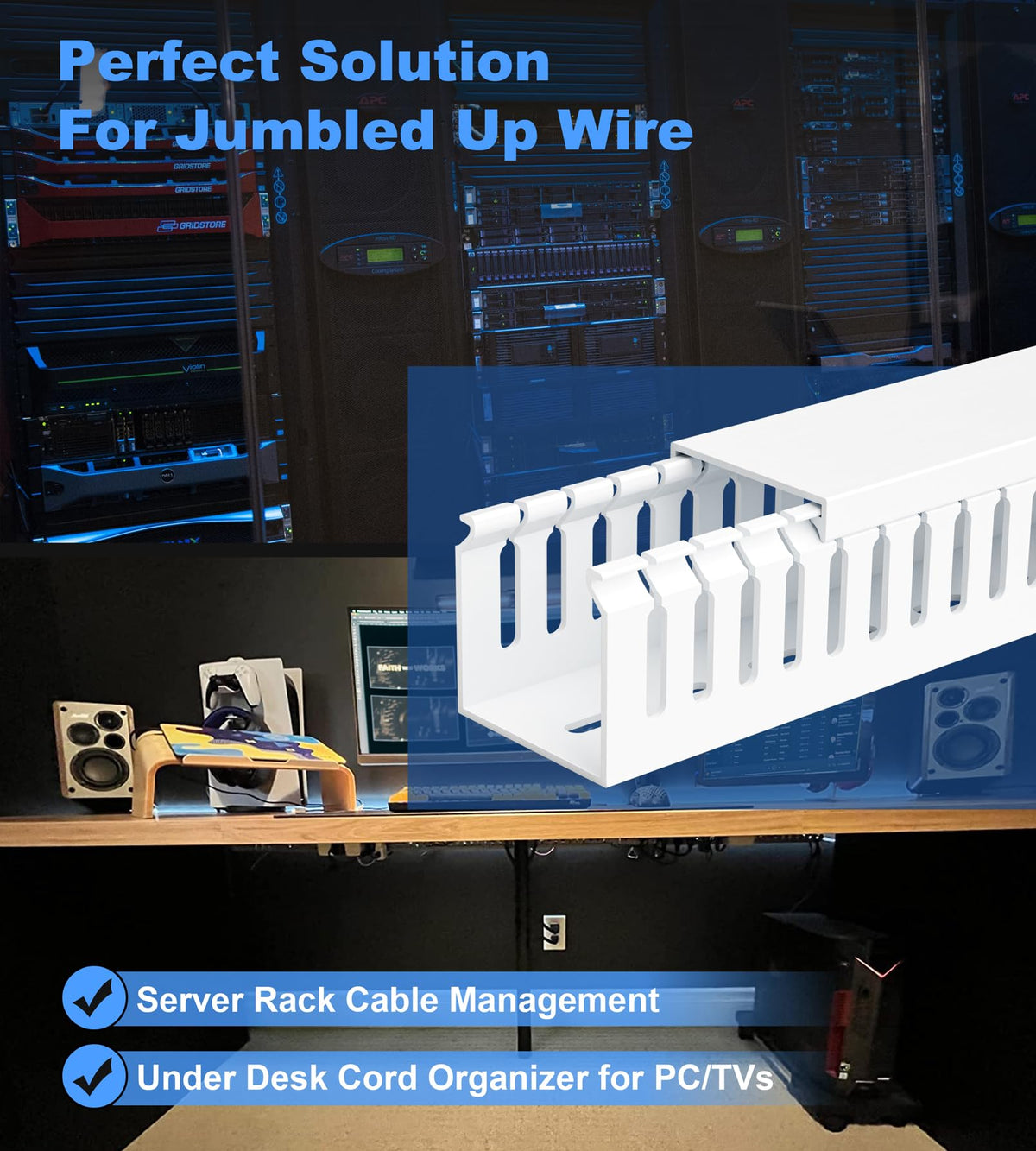 ZhiYo mounted under a desk organizing power and network cords for cleaner workspace
