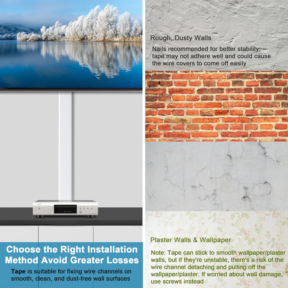 ZhiYo wall cord concealer shows easy installation with adhesive strips.