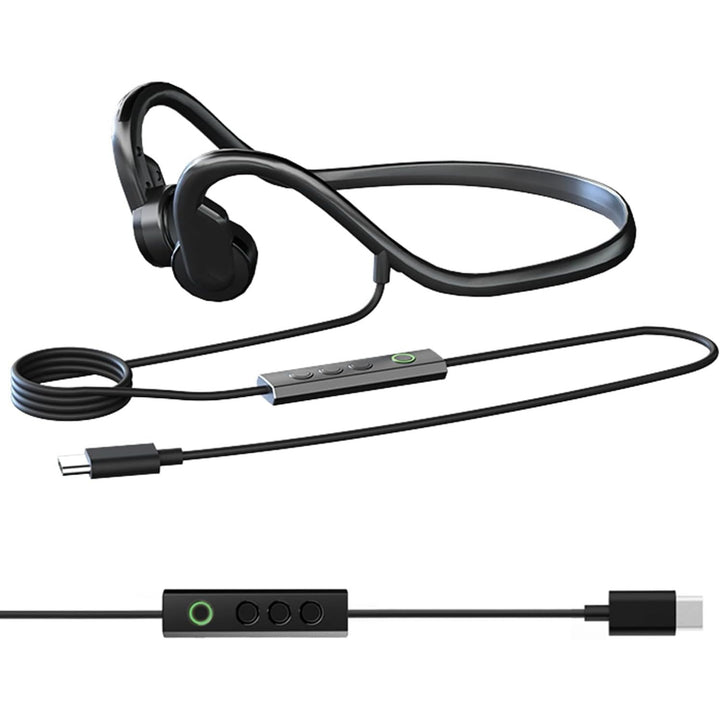 ZHQMG front view showing full open-ear headphone and neckband, highlighting secure fit benefit