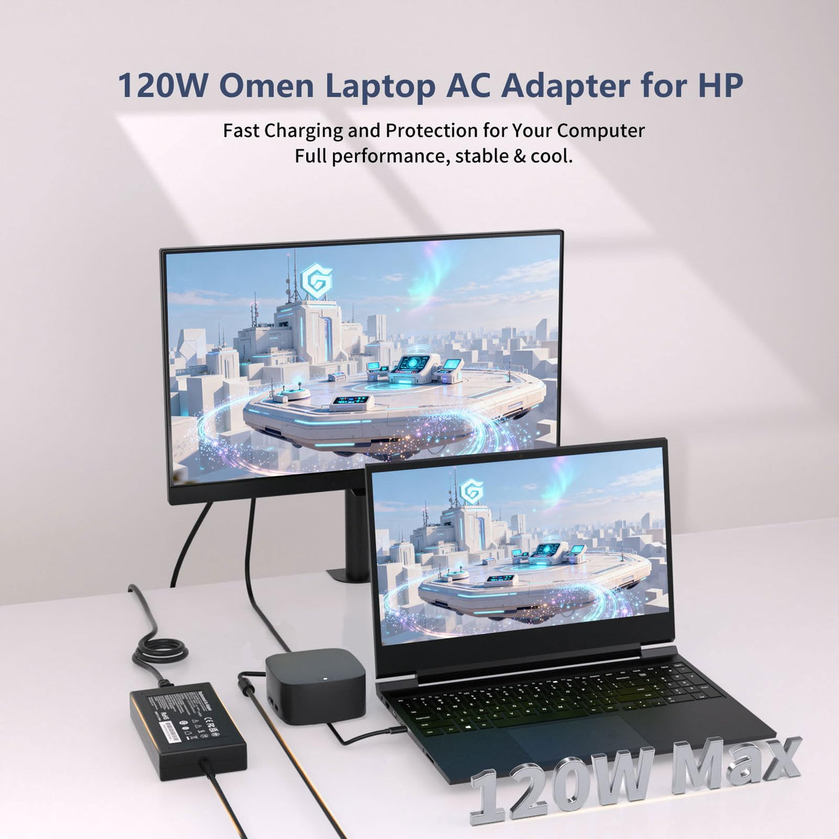 ZHUODYER adapter next to laptop illustrating compact size and portability