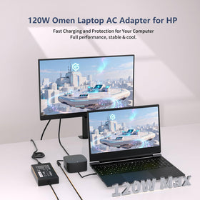 ZHUODYER adapter next to laptop illustrating compact size and portability