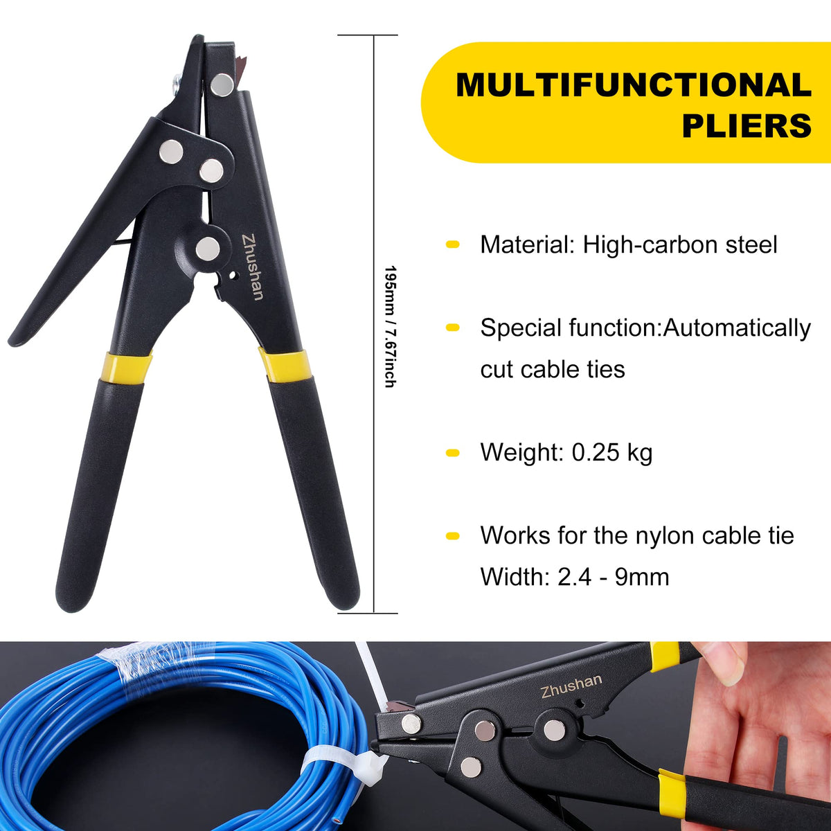 Zhushan cable tie gun adjustable tension demonstrated for different tie sizes.