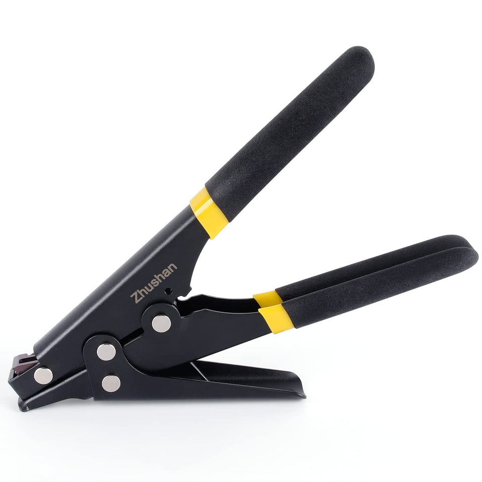 Zhushan cable tie gun angled shot showing compact metal build for professional installs.