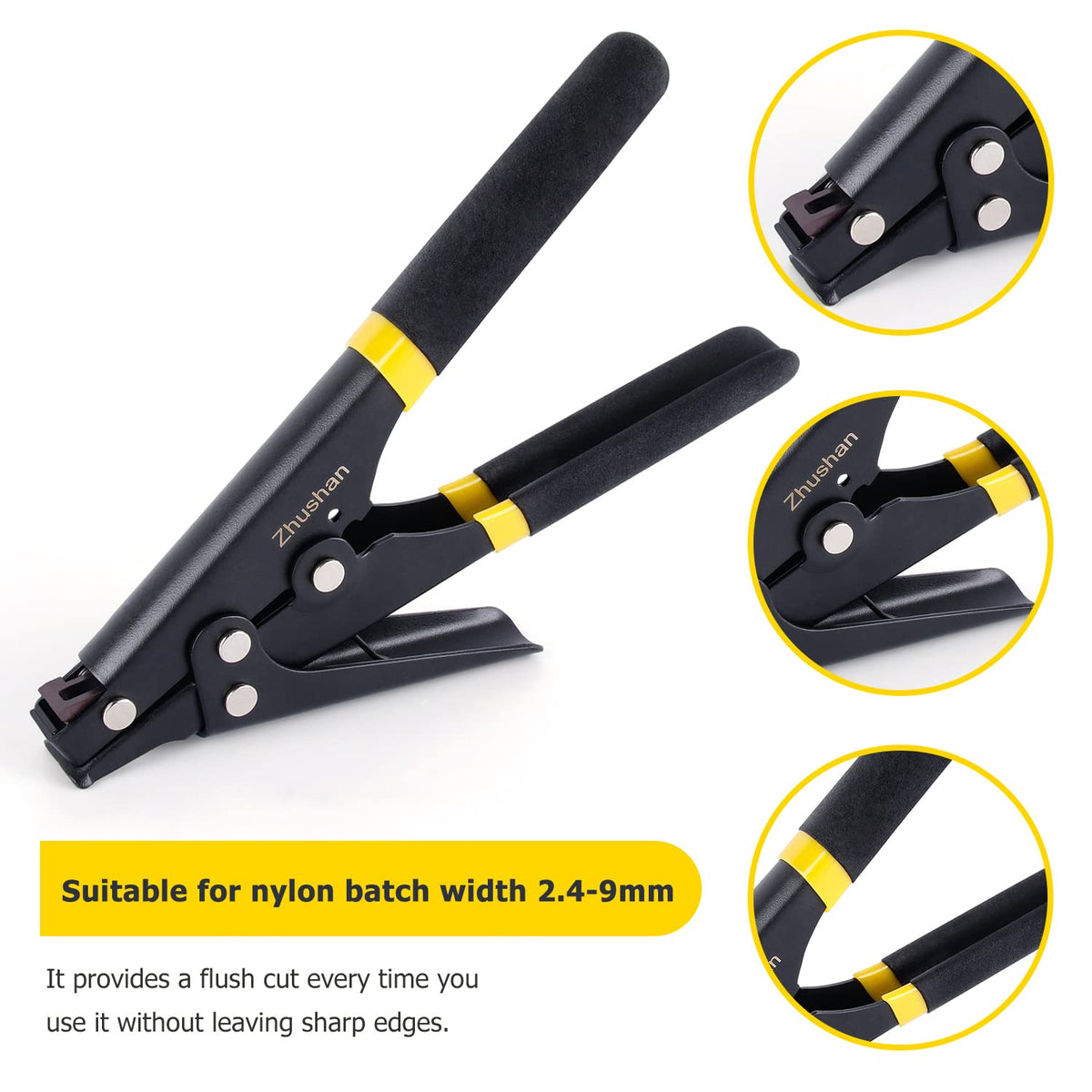 Zhushan cable tie gun cutting action with flush cut for neat finishes.