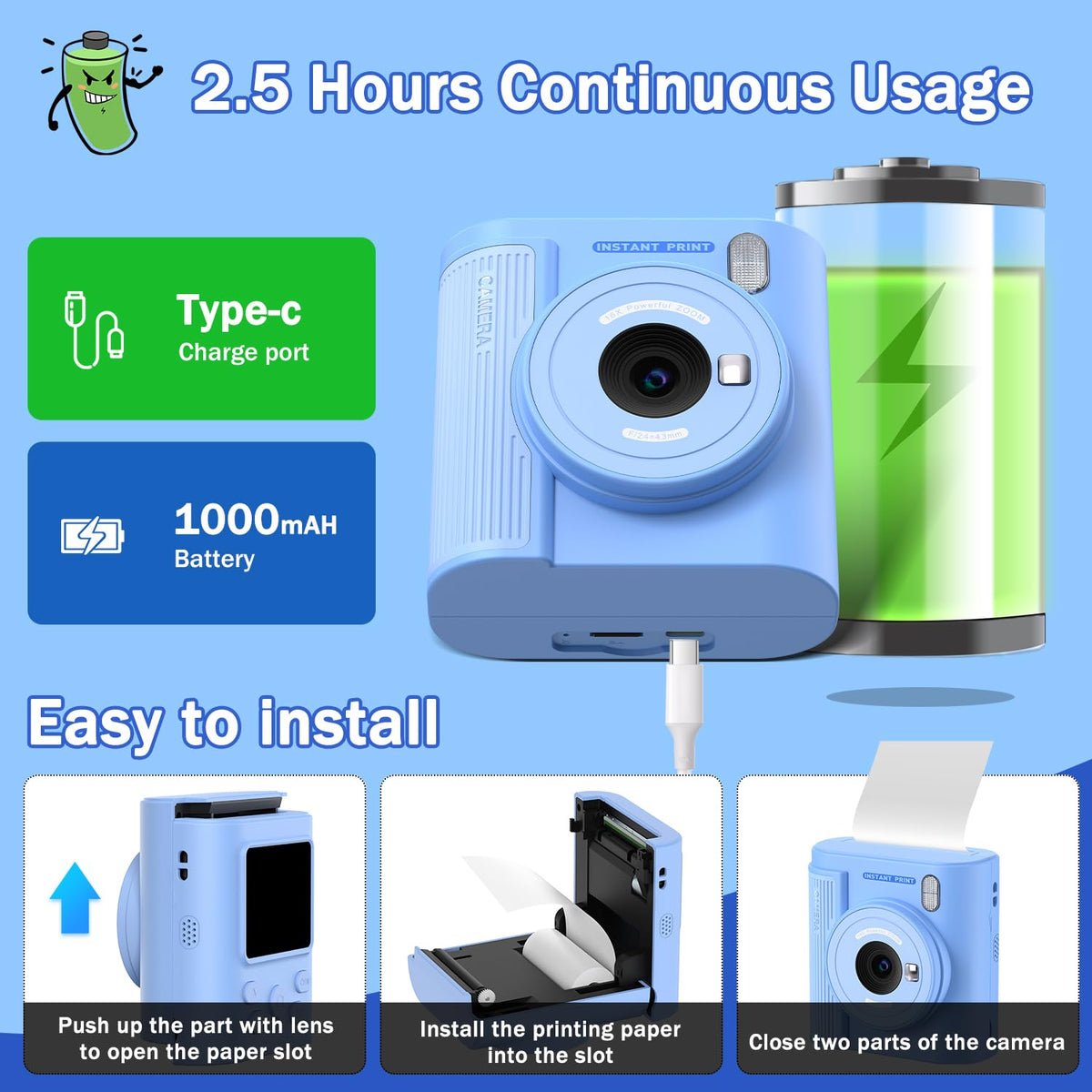 Three printing paper rolls are included for instant prints.