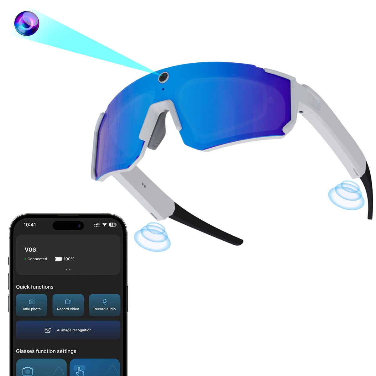 Zigtik AI Pro glasses front view showing sleek frame and camera