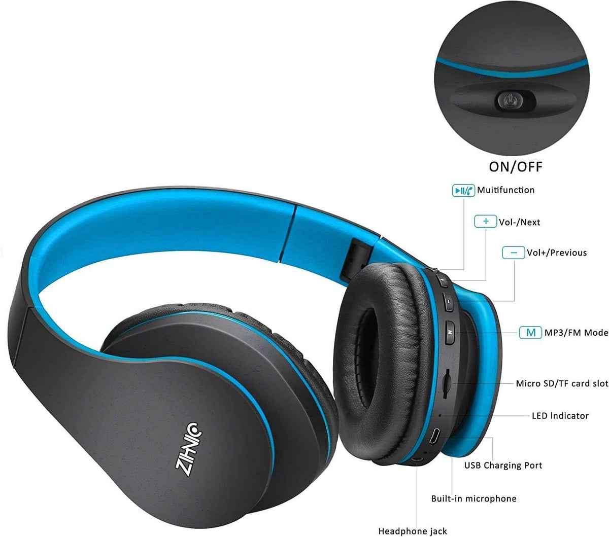ZIHNIC micro SD slot and control buttons visible for standalone music playback