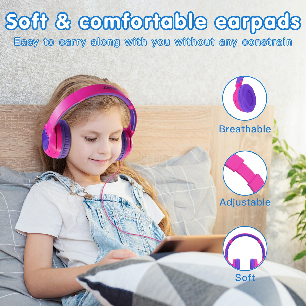 ZIHNIC headphones with soft ear pads for comfortable all-day wear.