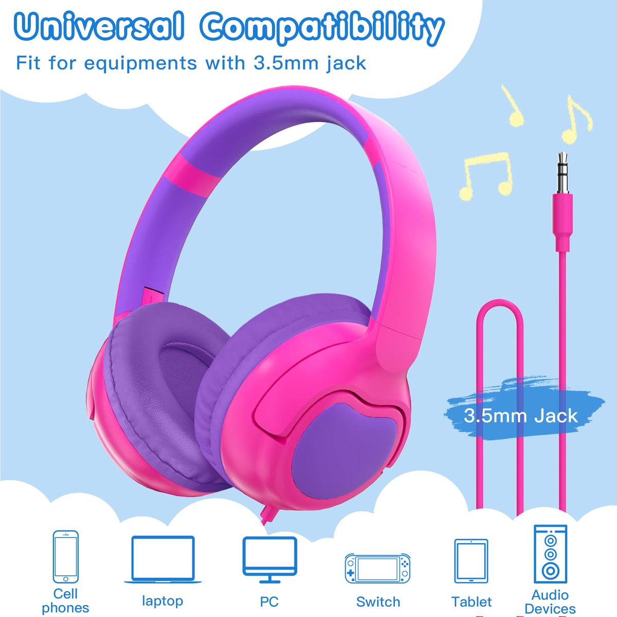 ZIHNIC wired kids headphones, 85dB limit feature enables safer listening.