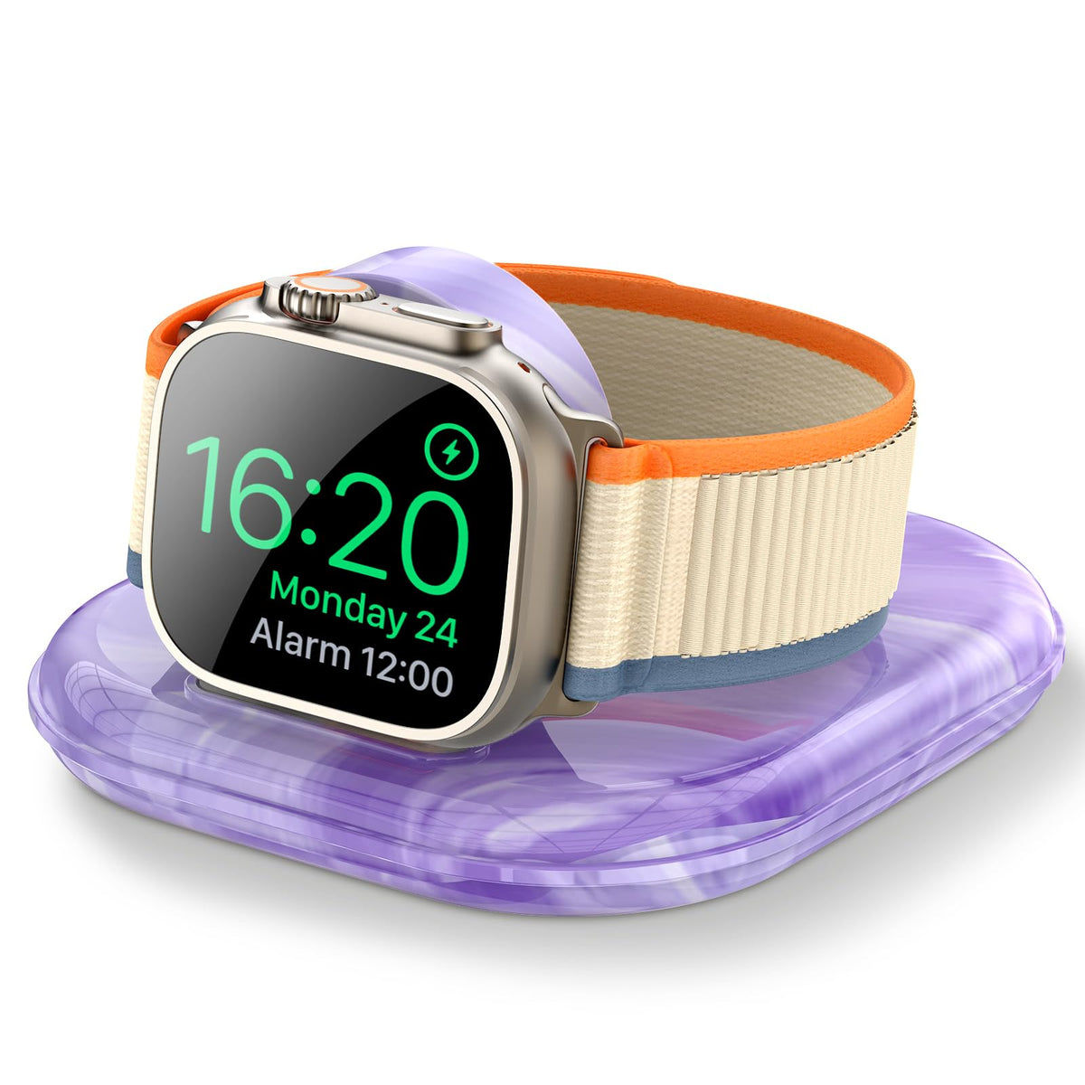 ZIKUREL Apple Watch Magnetic Charging Dock front view showing magnetic alignment for easy charging.