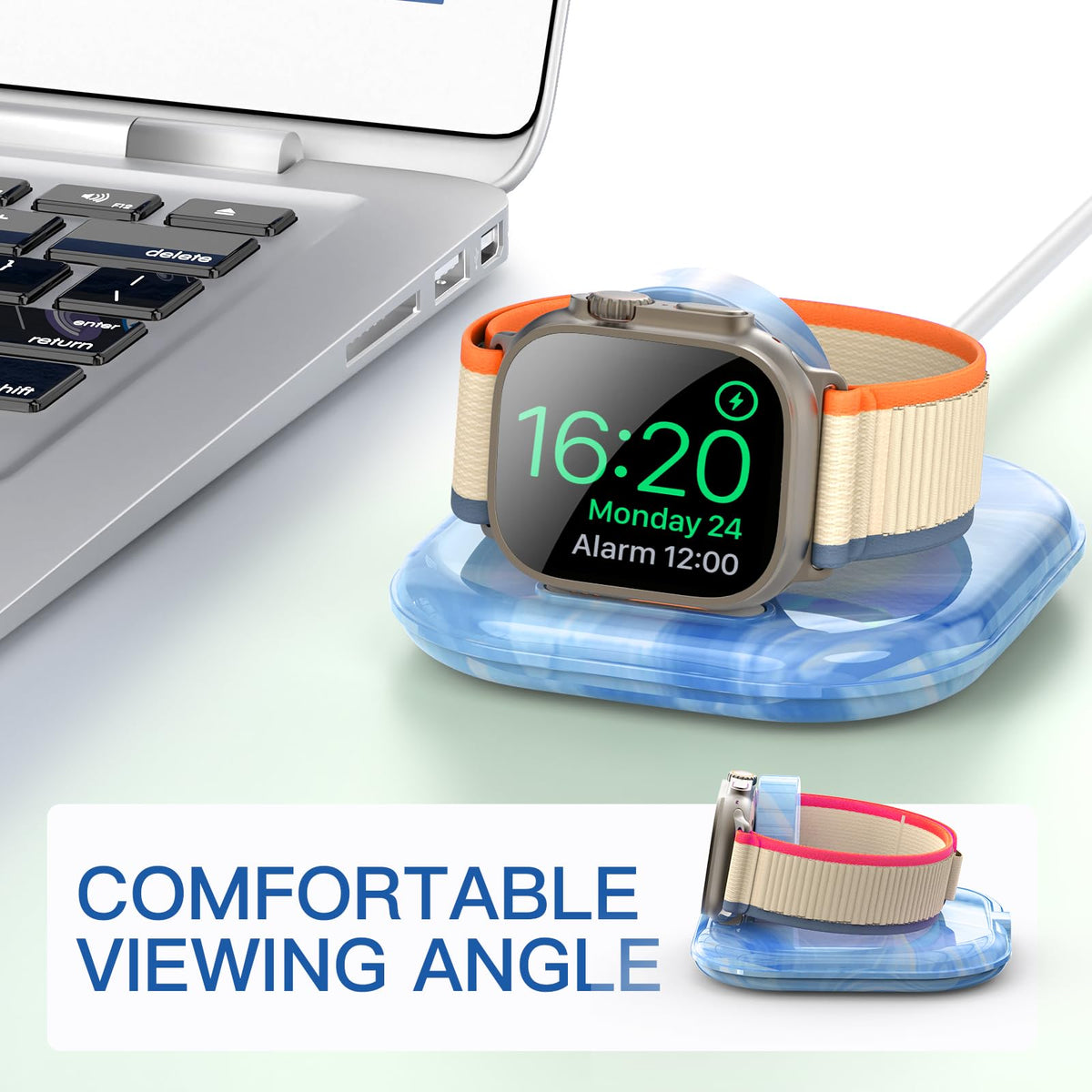 ZIKUREL Apple Watch Dock in use with Nightstand Mode for bedside charging.