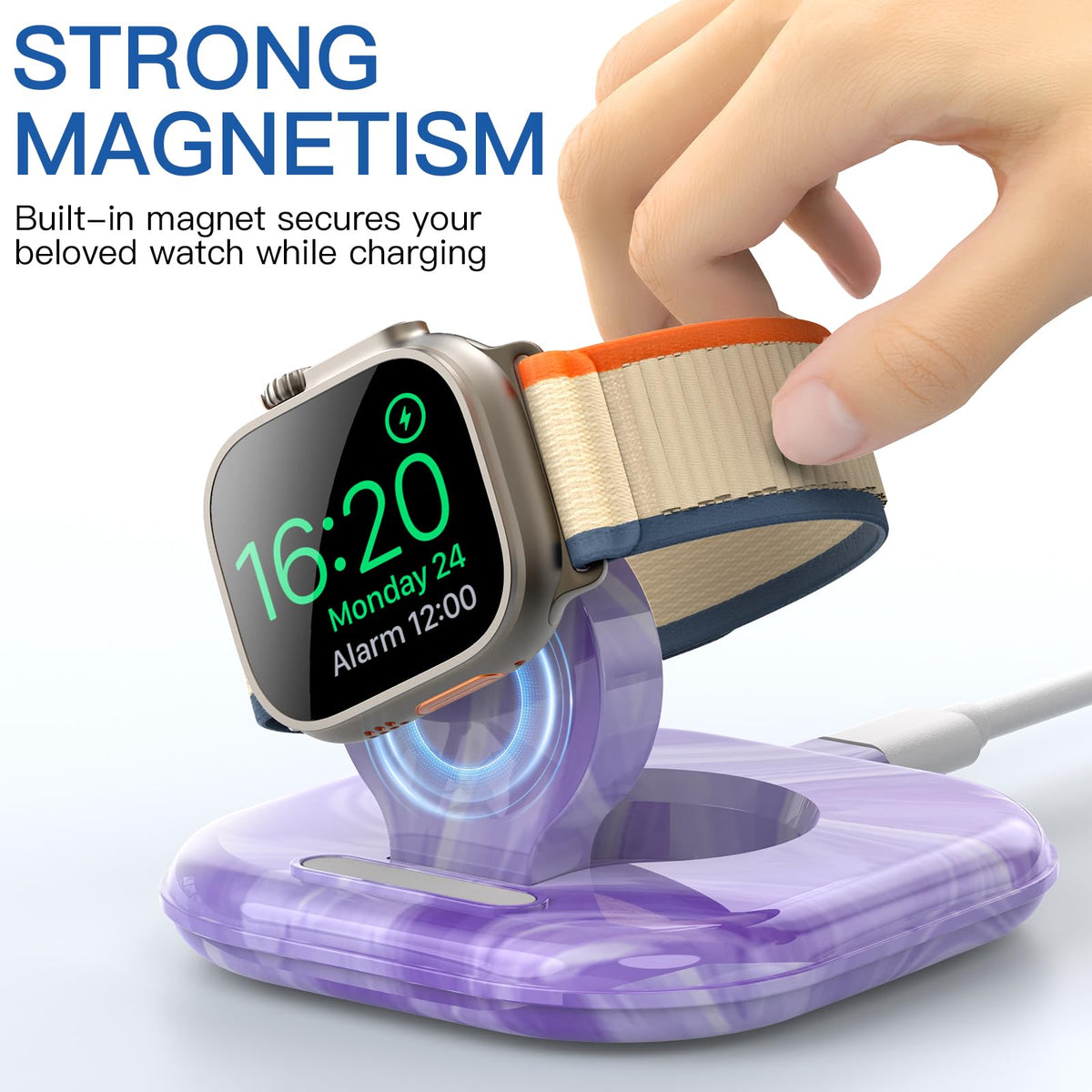 ZIKUREL Apple Watch Dock close-up of magnetic alignment enabling quick placement.