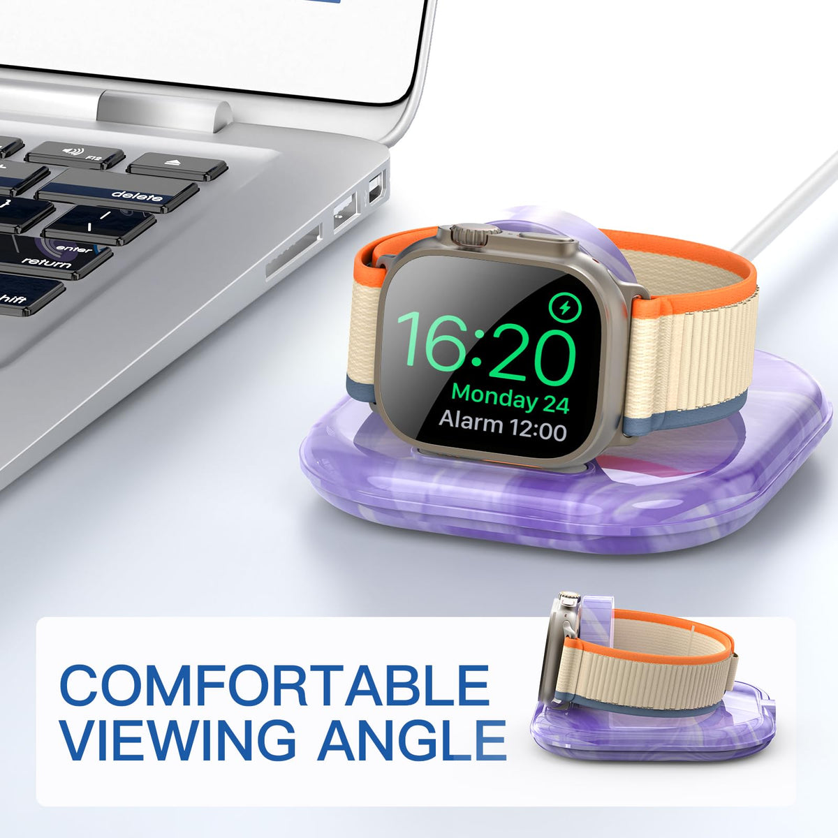 ZIKUREL Apple Watch Dock safety feature close-up of overheating protection.