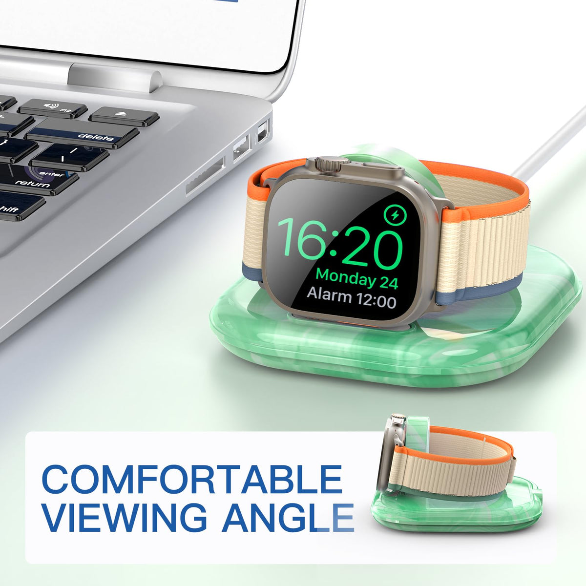 ZIKUREL Apple Watch dock with overheating safety feature visible
