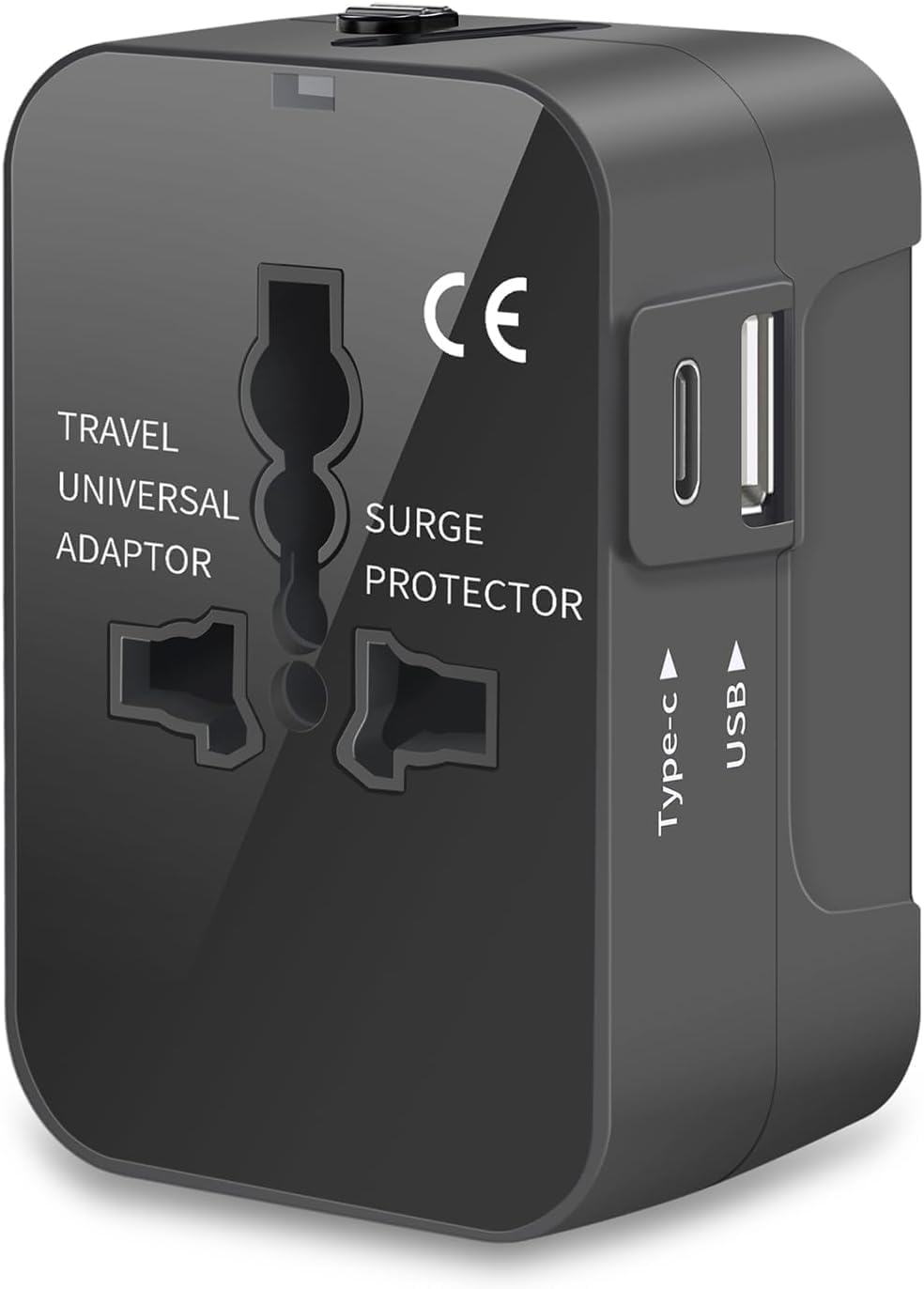 Zinalop travel adapter front view showing AC socket and compact design for convenience