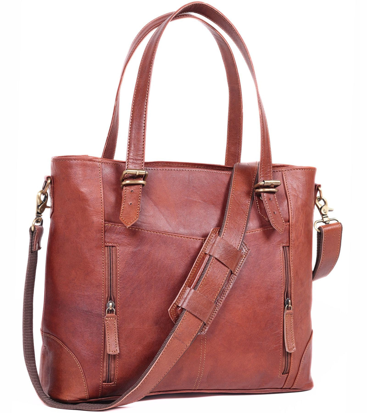 Zinria Leather 17-inch tote with laptop compartment for work.