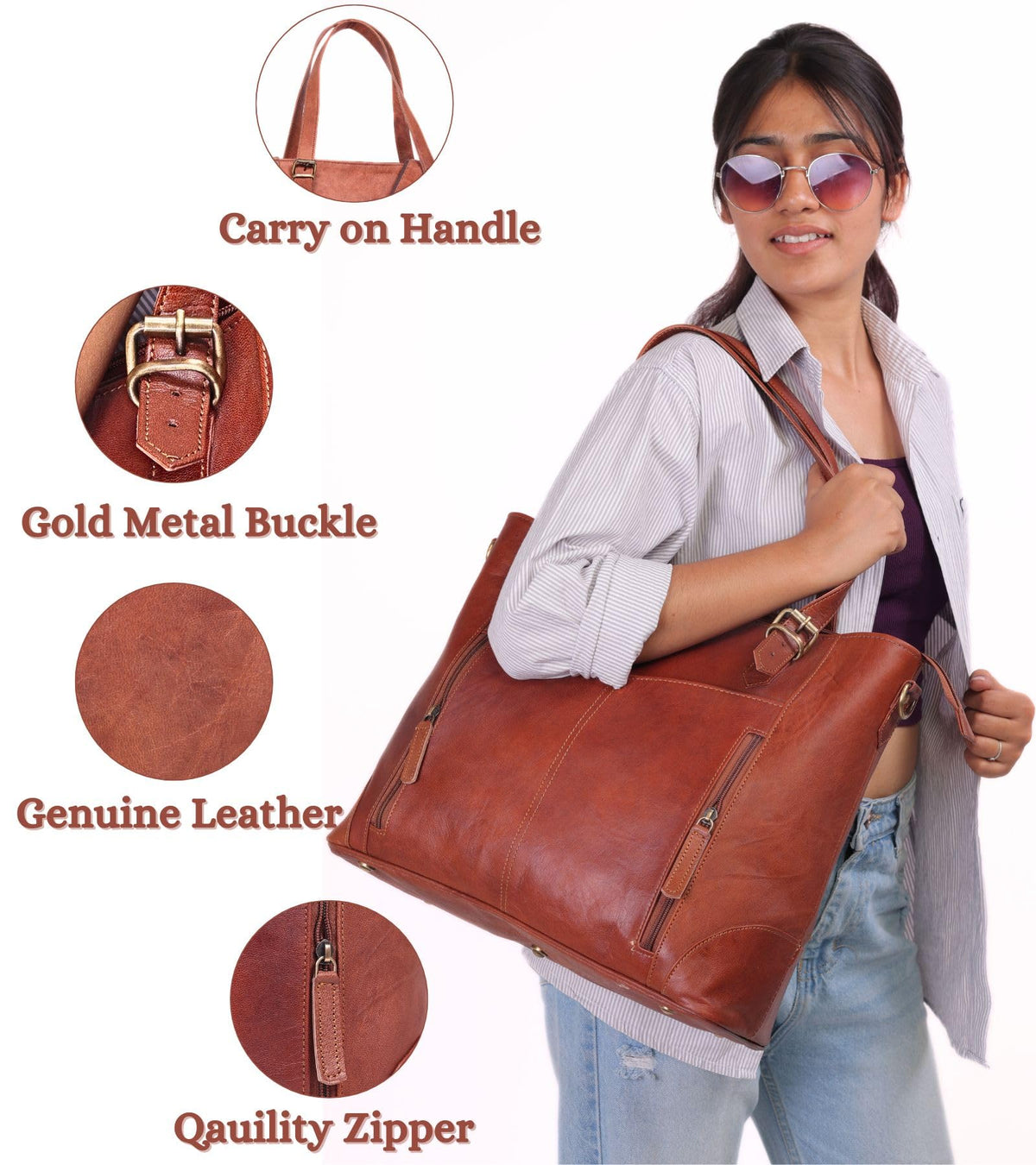 Zinria Leather tote with crossbody strap for hands-free daily use.