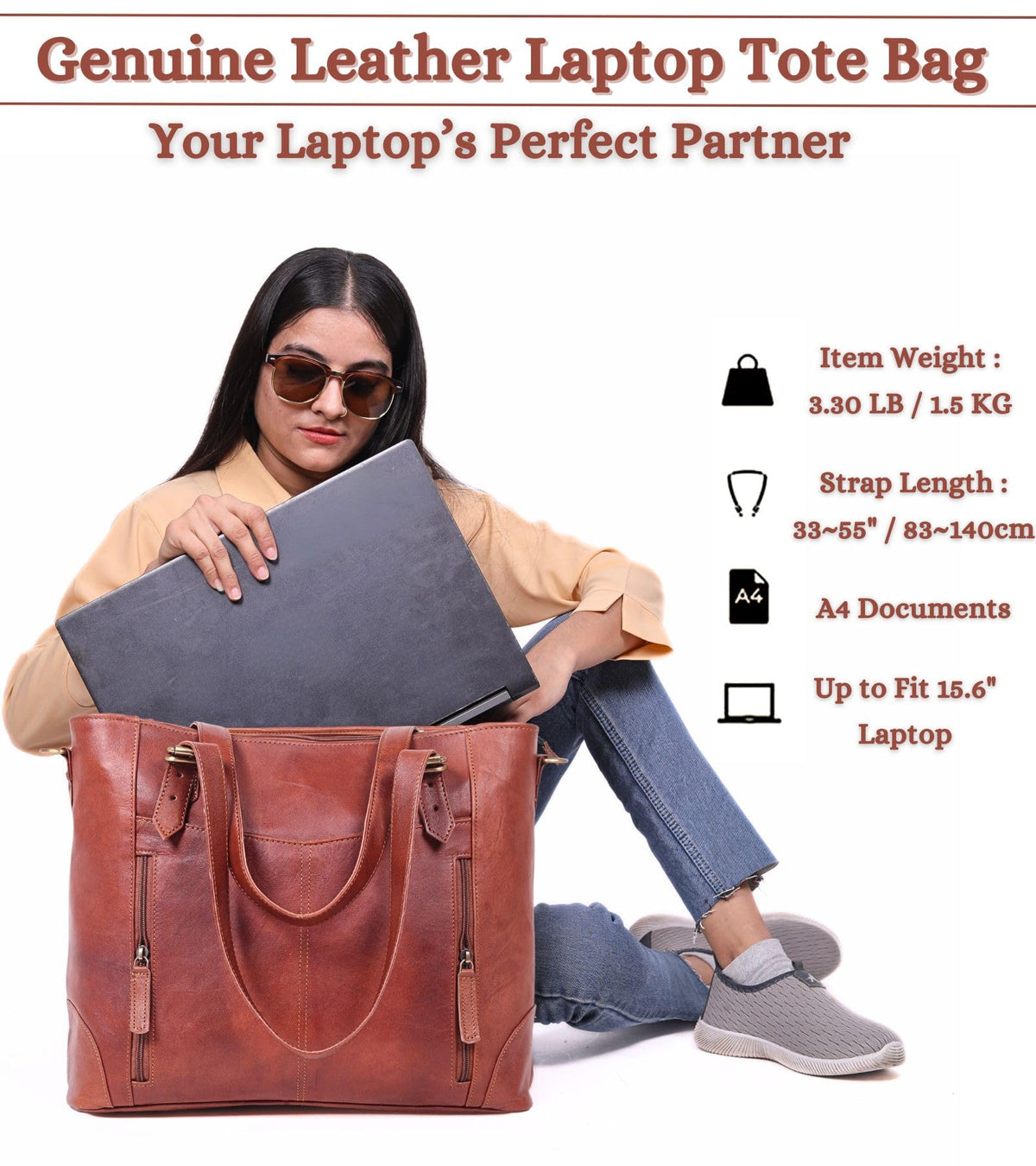 Zinria Leather tote with built-in luggage sleeve for travel ease.