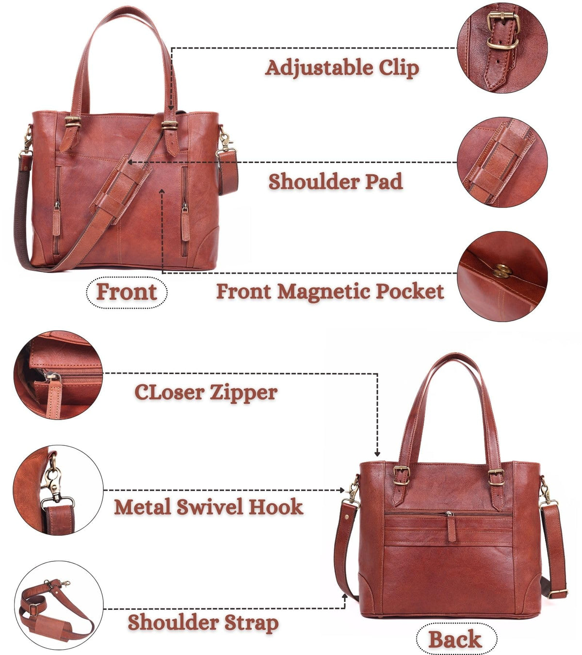 Zinria Leather bag with zipper pocket for keys and phones.