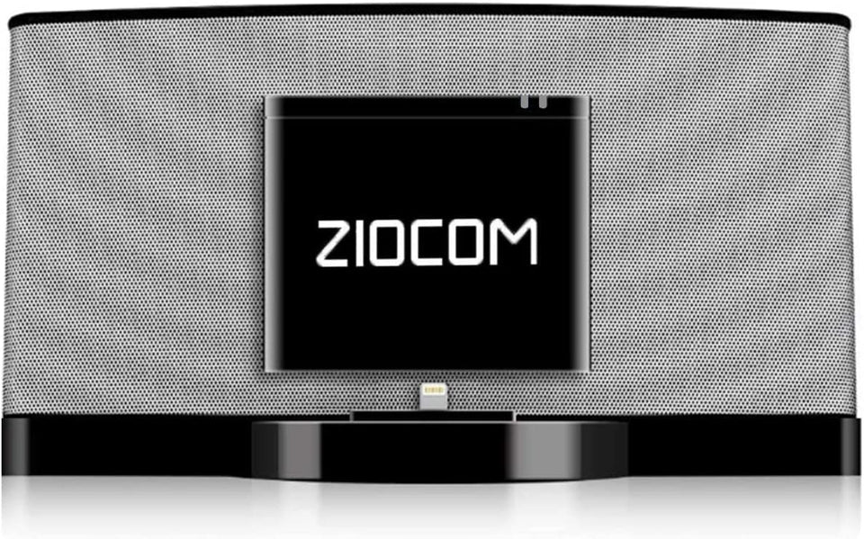 ZIOCOM adapter front view showing 8‑pin connector and LED, enabling wireless playback