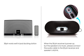 ZIOCOM 30-pin adapter supports A2DP stereo streaming on compatible speakers.