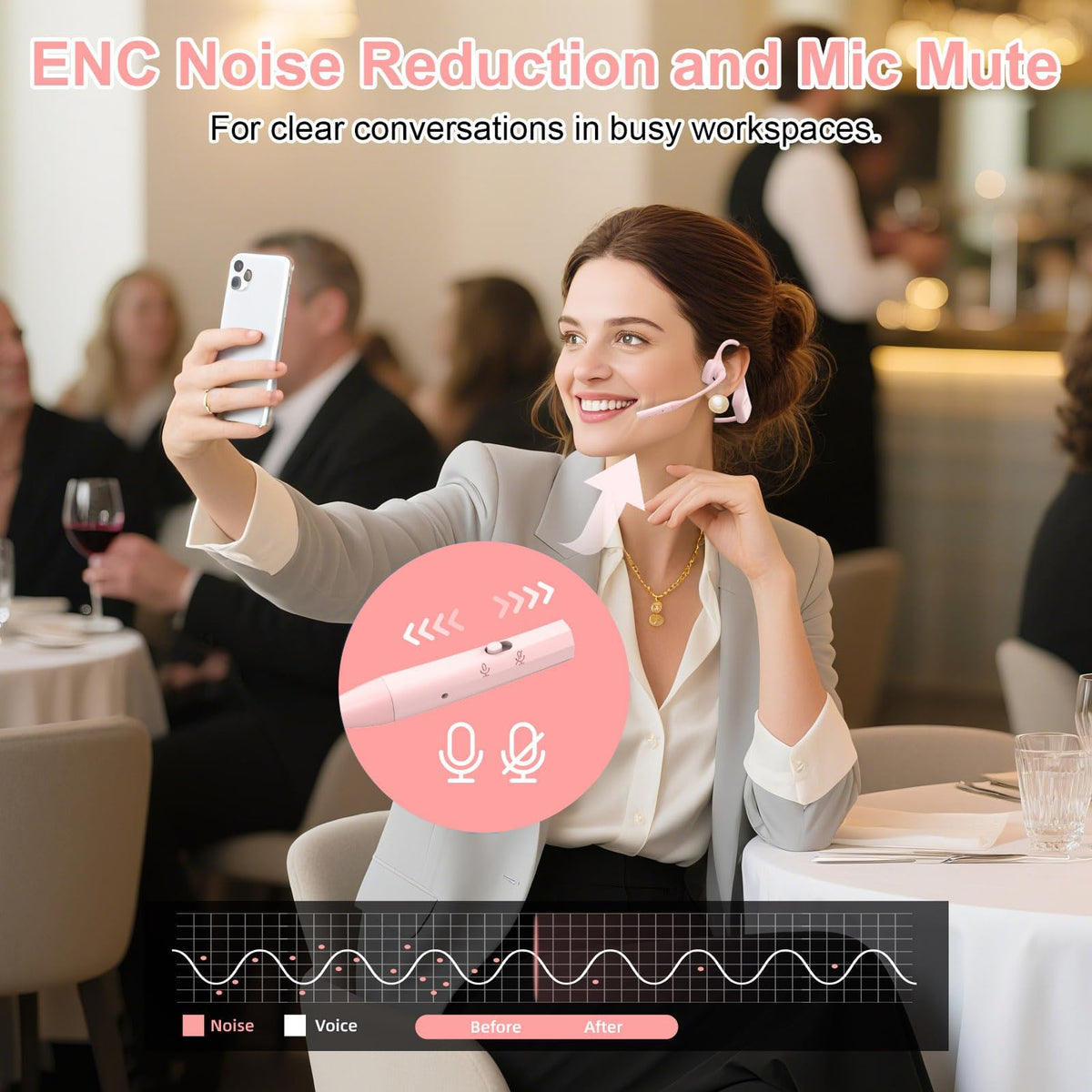 ZIOCOM Open Ear Headphones mute button for quick call muting during conversations.