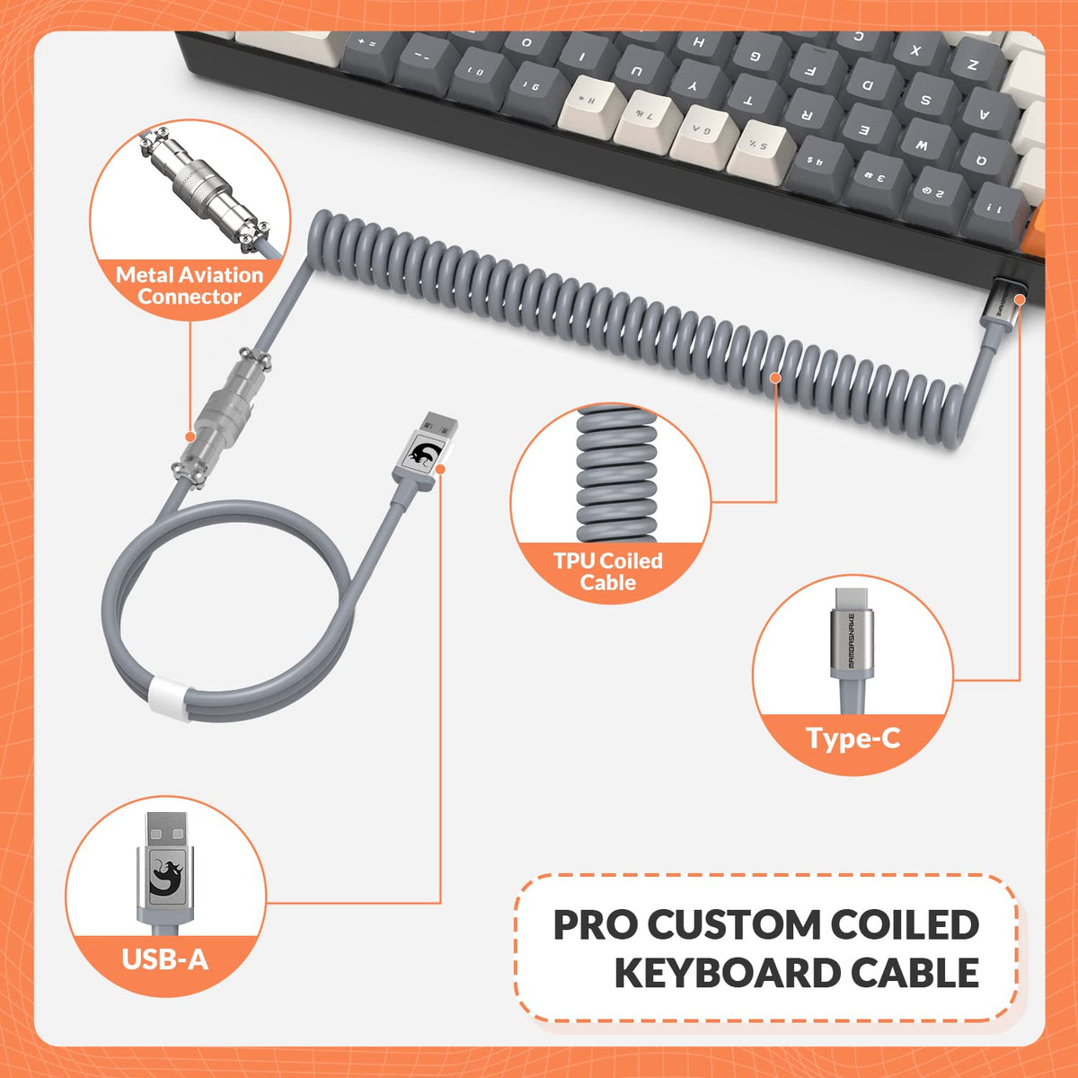 Package contents including keyboard, mouse, coiled cable, wrist rest, and manual