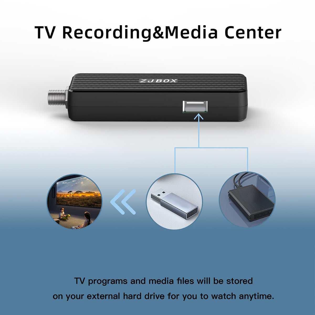 ZJBOX recording playback on-screen showing scheduled DVR control and saved shows