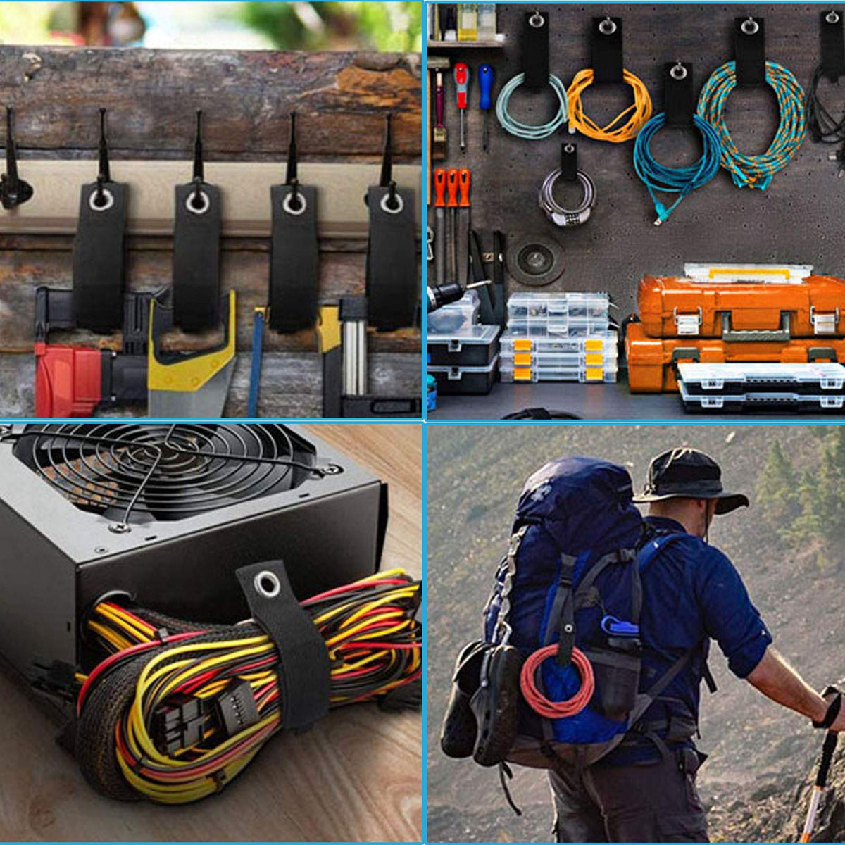 Zkptops straps hung on a pegboard to show space-saving garage organization and easy retrieval