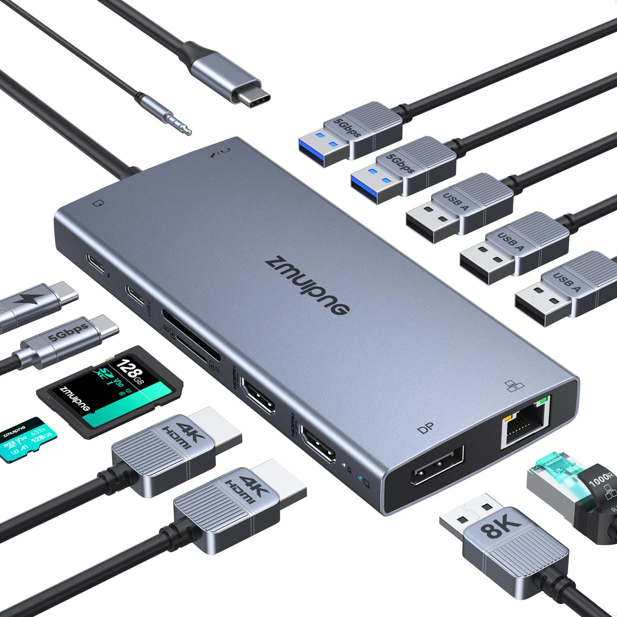 ZMUIPNG docking station front view showing ports and professional workspace benefit