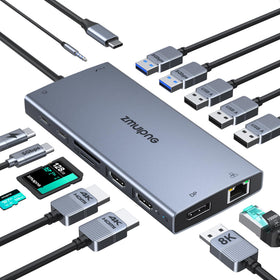 ZMUIPNG docking station front view showing ports and professional workspace benefit