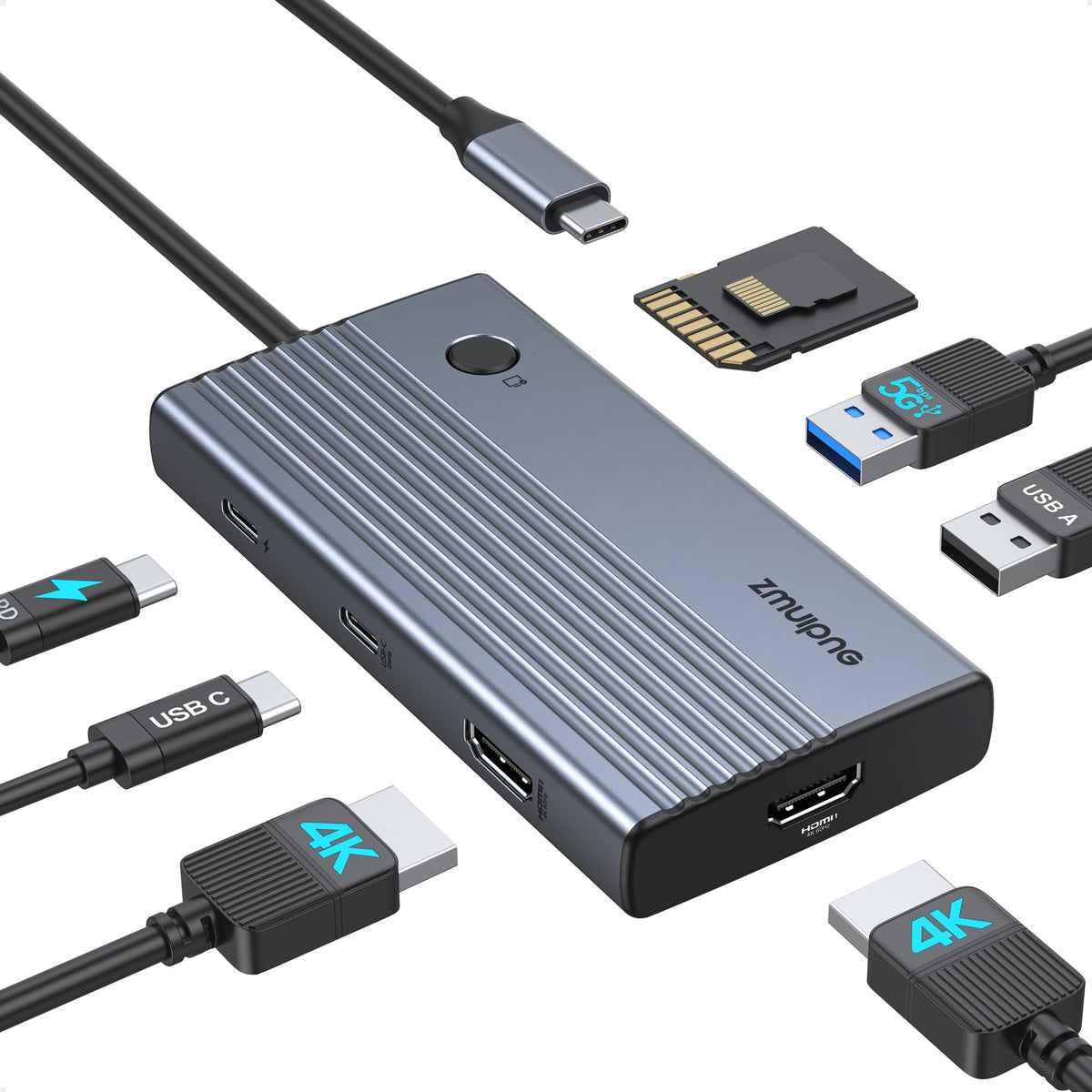 ZMUIPNG USB-C docking station front view with dual HDMI outputs for extended displays.
