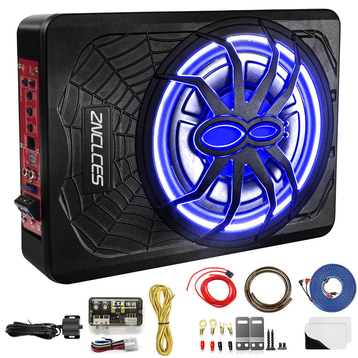 Znclces under-seat subwoofer with blue LED enhances cabin bass for immersive listening
