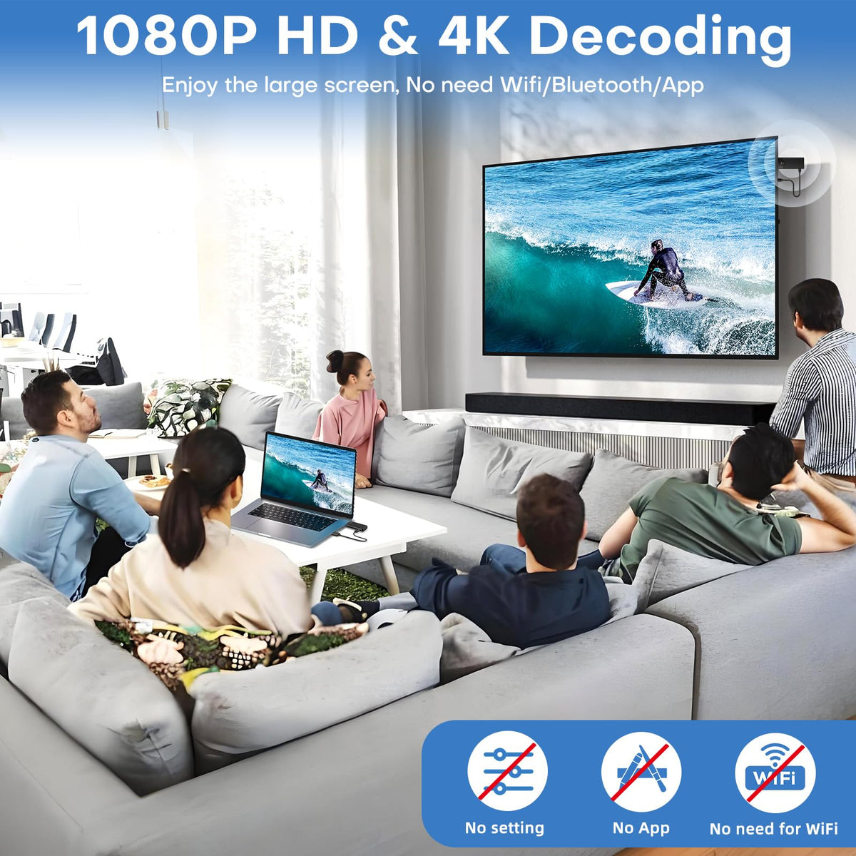 ZOCIBIHI hooked to a TV showing wireless streaming without long cables