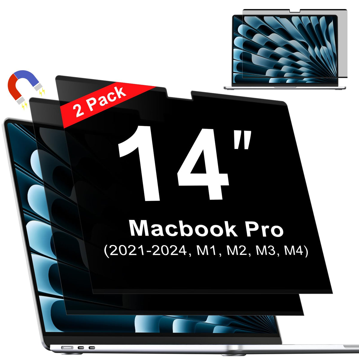 ZOEGAA magnetic privacy screen for MacBook Pro 14, front view showing private viewing