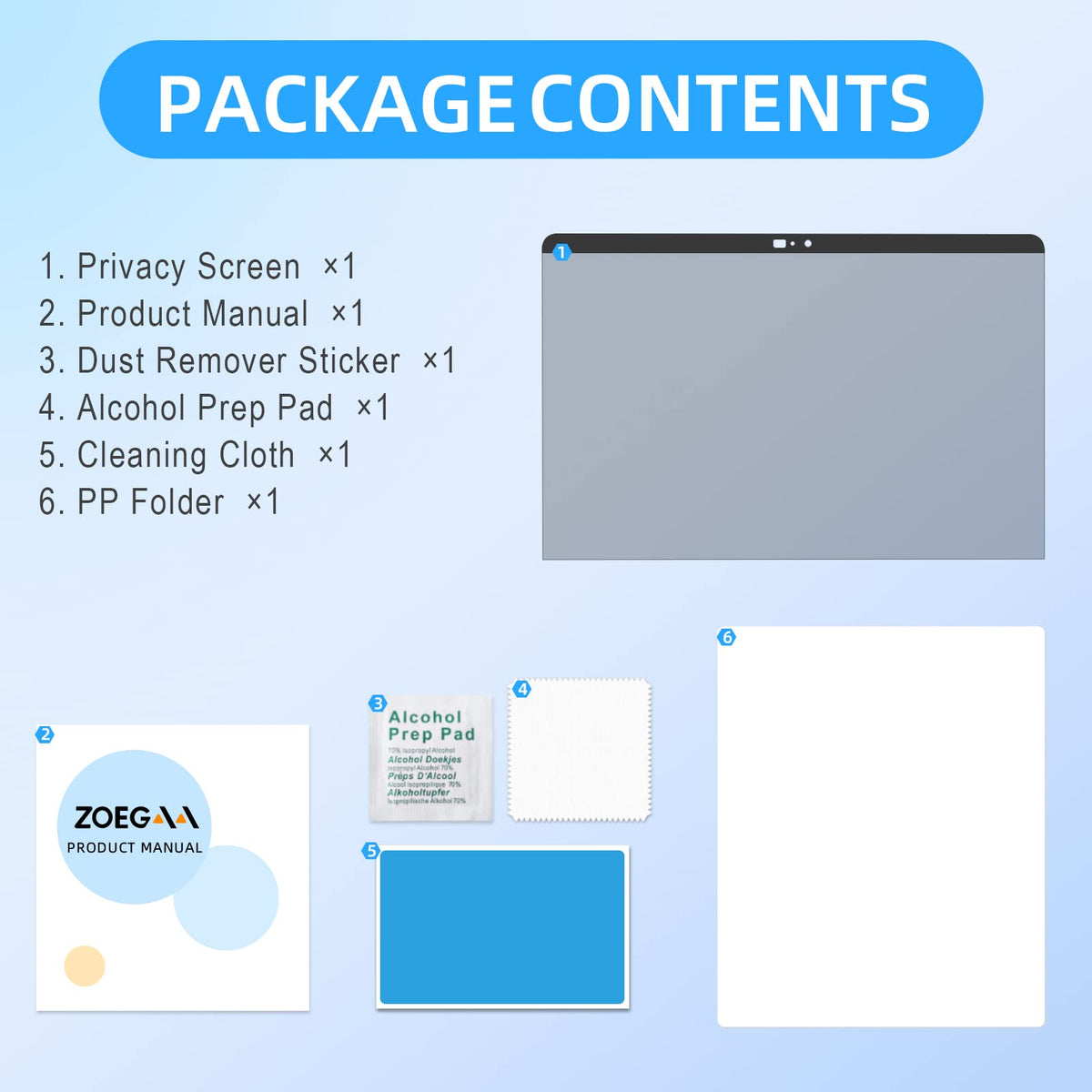 ZOEGAA packaging and accessories including magnetic strips and instructions