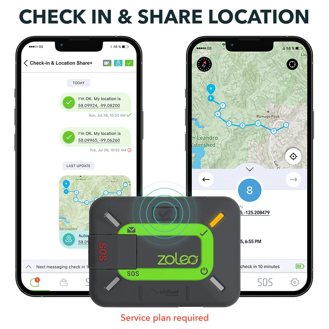 ZOLEO check-in feature shown in the app interface for easy location sharing.