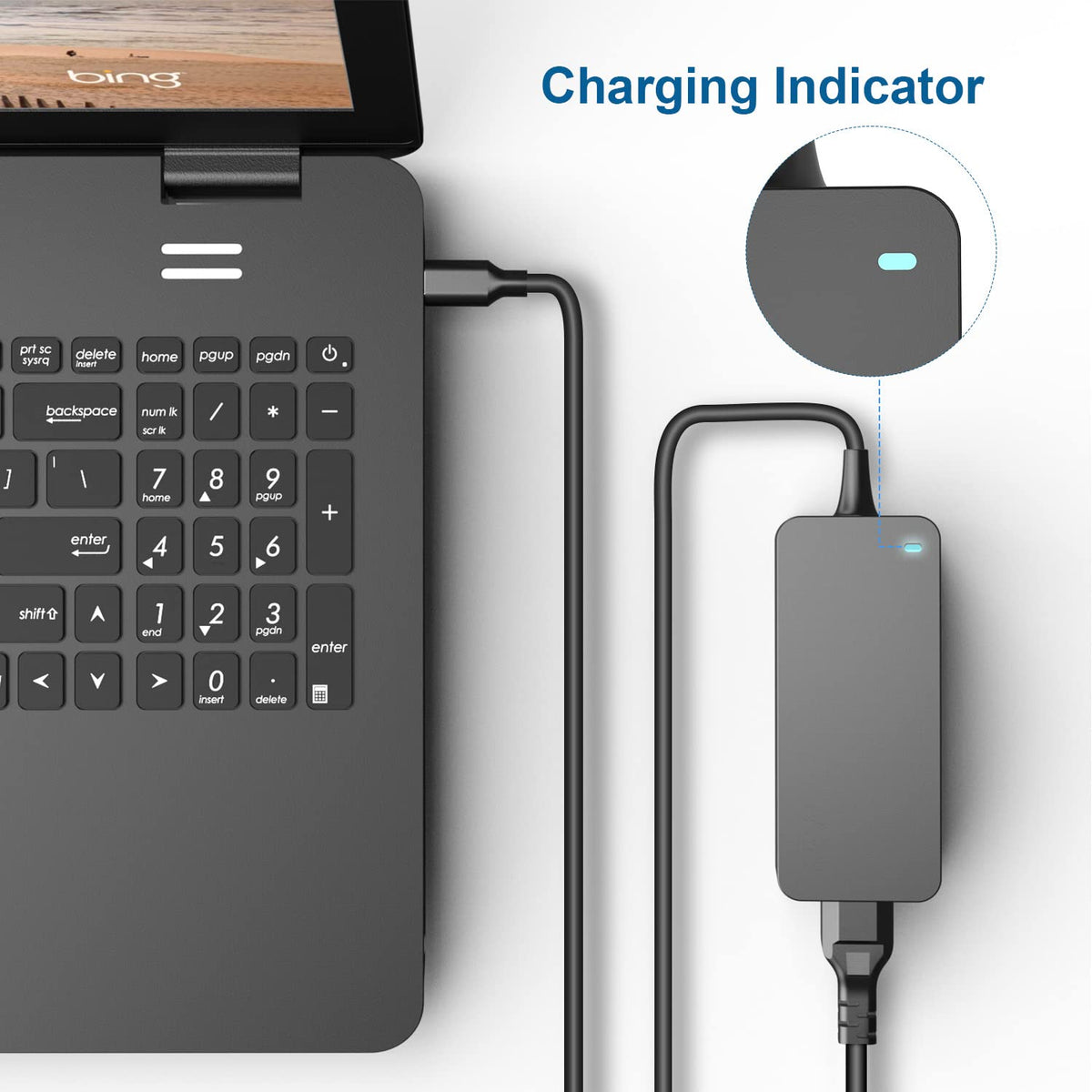 Zondol adapter lit charging indicator while powering a laptop, confirming active charge
