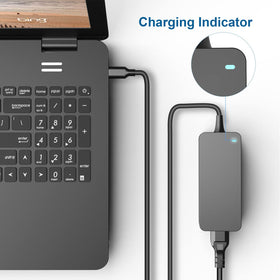 Zondol adapter lit charging indicator while powering a laptop, confirming active charge