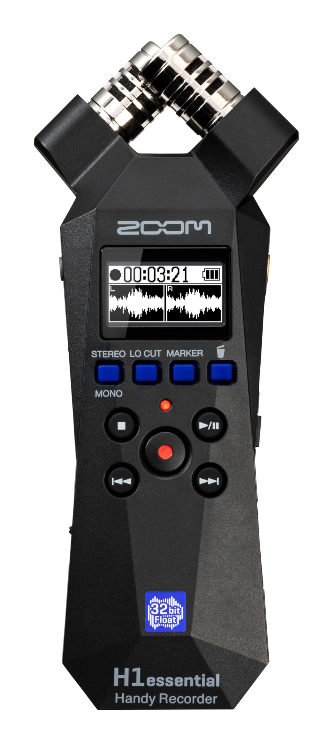 Zoom H1 Essential front view showcases compact design for quick, on-the-go recording sessions.