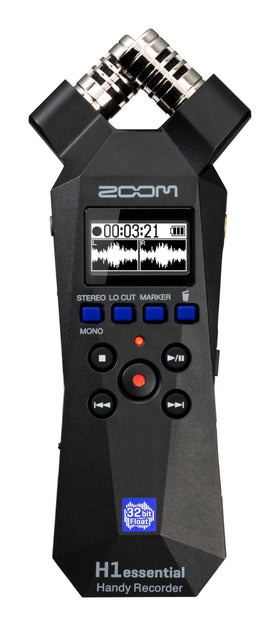 Zoom H1 Essential front view showcases compact design for quick, on-the-go recording sessions.