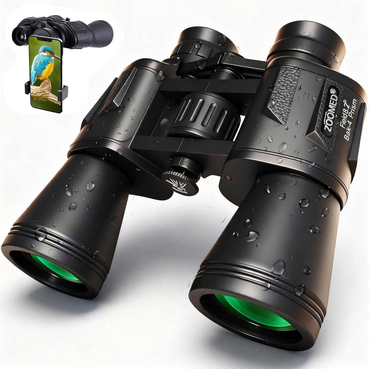 ZOOMED front view showing binoculars ready for travel and clear field use