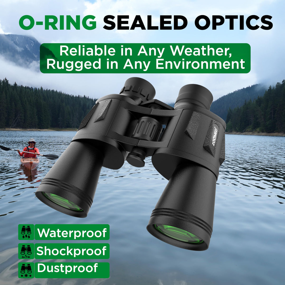 ZOOMED binoculars splashed with water showing waterproof, weatherproof build