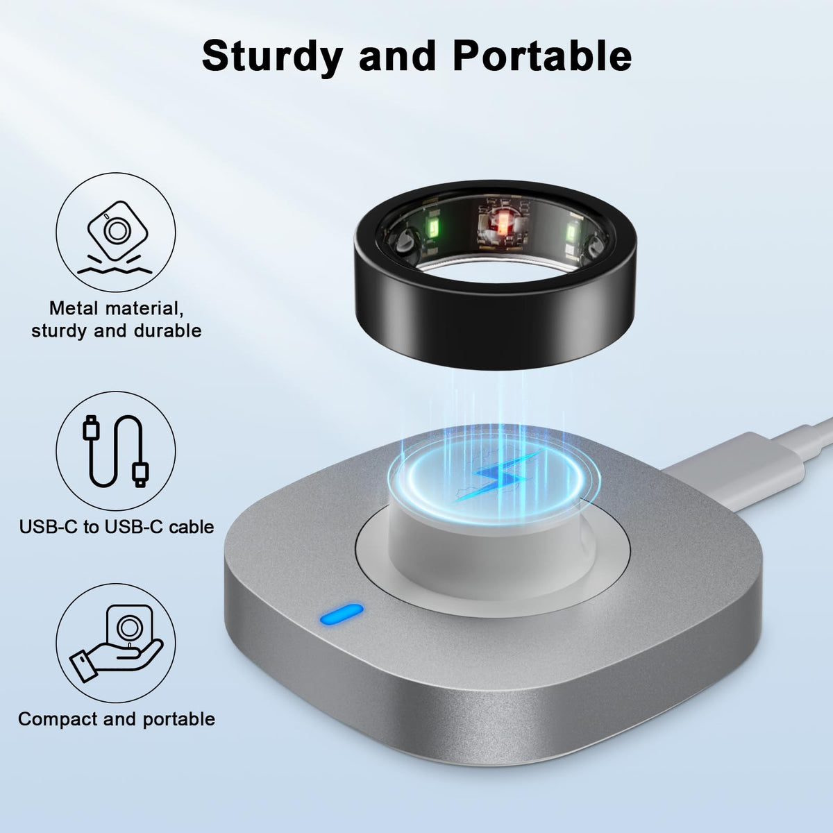 ZOOROO charger placed on nightstand ready to charge ring overnight convenience