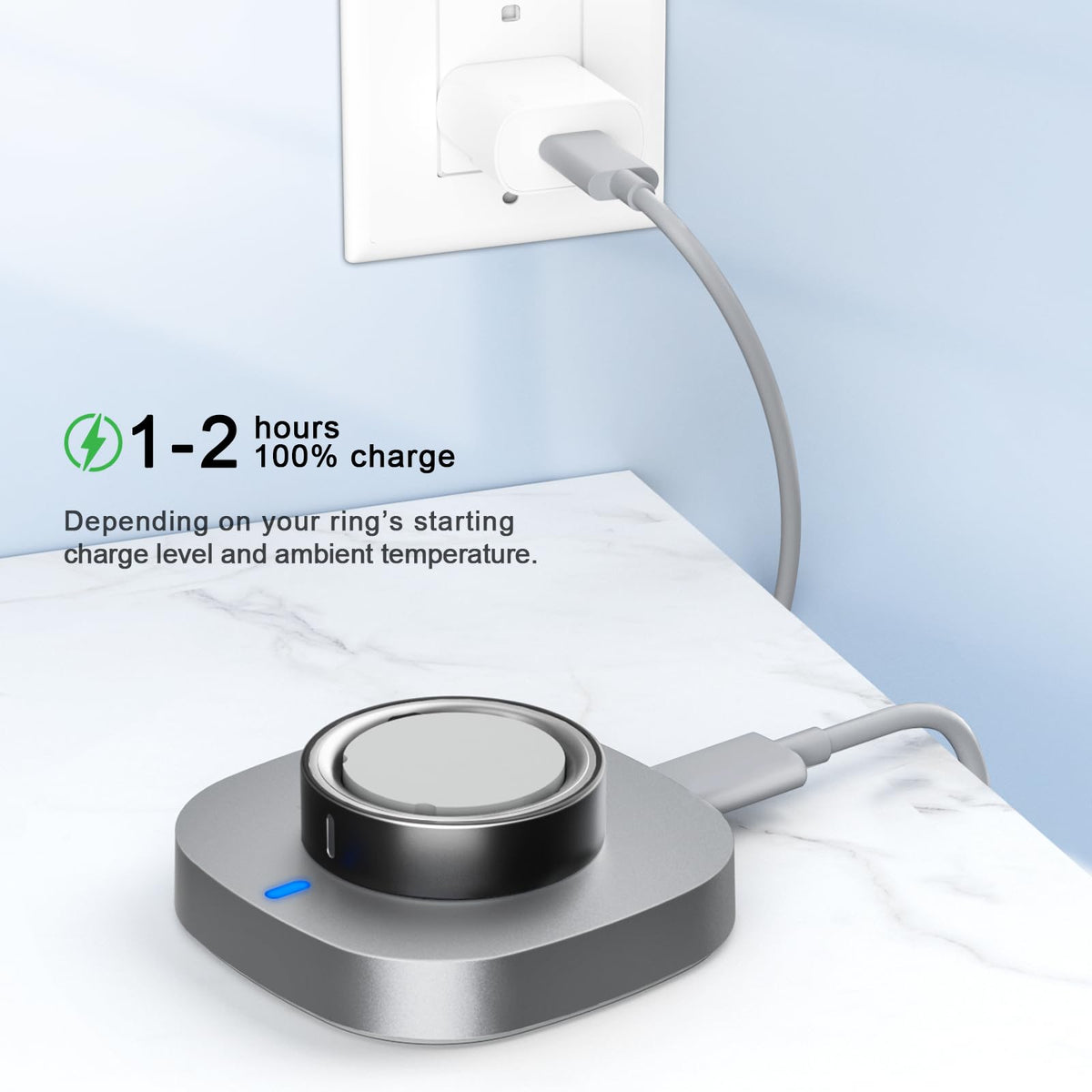 ZOOROO Ring Gen 4 size 9 mounted on dock demonstrating correct fit and secure charge