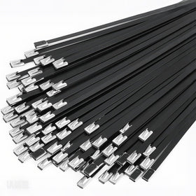 ZOOSUNX 11-8 inch black epoxy-coated stainless steel cable ties secure outdoor fencing reliably.